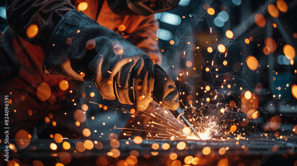 A skilled worker performing welding on metal with sparks flying in a dark industrial setting. A skilled worker performing welding on metal with sparks flying in a dark industrial setting.