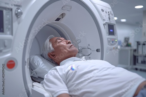 An elderly man lies in a CT scanner for an examination. The patient is lying on the bed of the TC scanner waiting for the scan photo