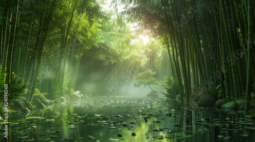 Bamboo forest with tall trees suitable for naturethemed designs, environmental concepts, outdoor activities, and peaceful backgrounds in designs.