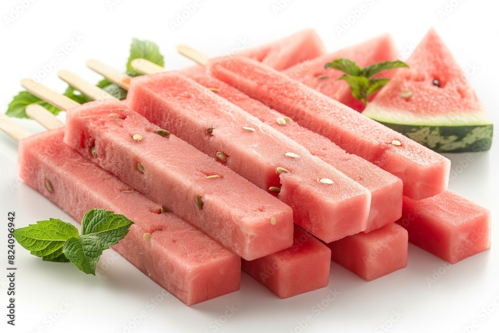 Juicy watermelon pops cut into sticks with vibrant mint leaves on a clean white backdrop. Juicy watermelon pops cut into sticks with vibrant mint leaves on a clean white backdrop.