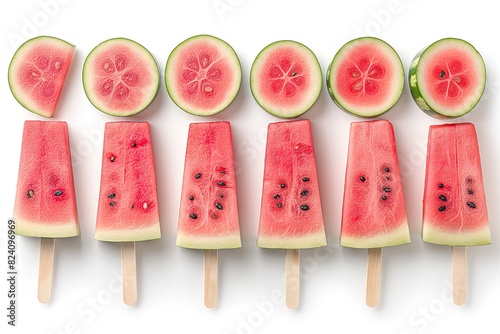 A vibrant row of tasty watermelon popsicles on a clean white background.