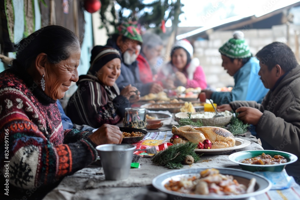 A group of people is gathered around a table, enjoying a festive meal together during Christmas in Mexico. A group of people is gathered around a table, enjoying a festive meal together during Christmas in Mexico.