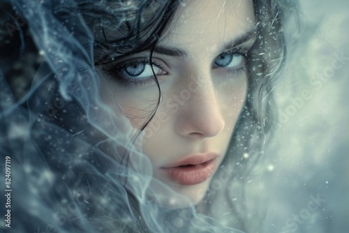 Striking Beautiful lady with cold gaze. Brunette woman portrait posing in winter nature. Generate ai