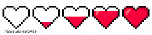 Pixel art set with game health hearts isolated on a white background. 8bit pixel illustration photo
