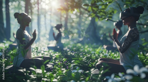 A virtual reality fitness competition taking place in a lush and serene forest with avatars doing various yoga poses. photo
