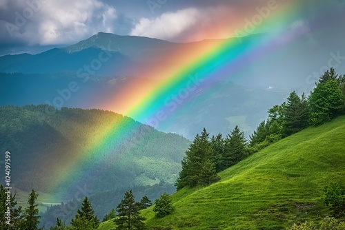 A vibrant rainbow arches gracefully over a verdant hillside in the breathtaking alpine setting.