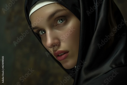 Elegant Beauty black nun female. Strong view of female portrait. Generate Ai photo