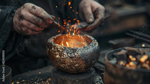 Describe a workshop where artisans are casting bronze jewelry, showcasing the versatility of the coppertin alloy, Close up photo