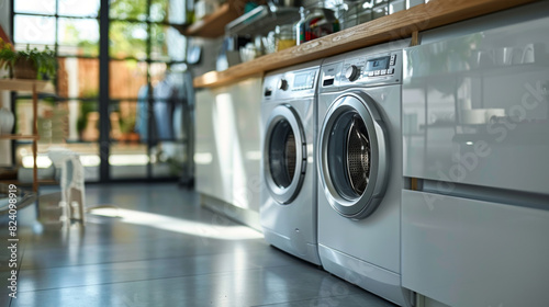 Two high-efficiency front-loading washing machines in a sunny, contemporary laundry room with wooden counters.