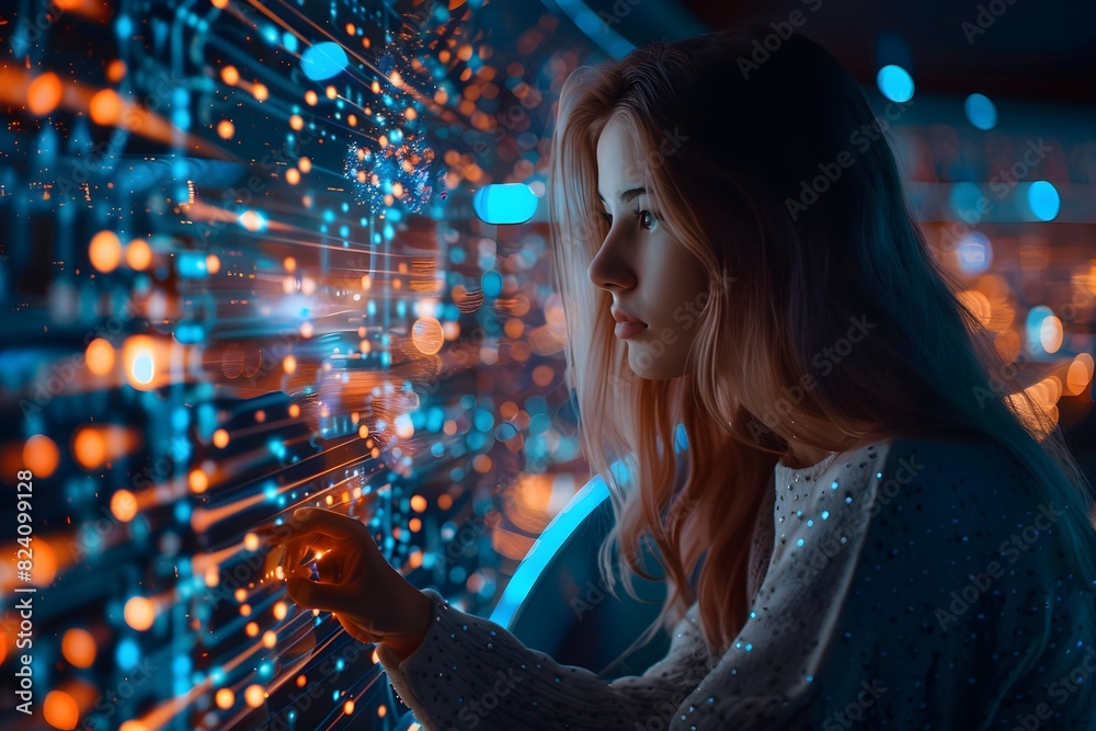 A woman works with a digital panel in a high-tech laboratory, surrounded by data and graphs.. The image shows a young woman wearing glasses, wearing a white shirt, working with a large digital panel A woman works with a digital panel in a high-tech laboratory, surrounded by data and graphs.. The image shows a young woman wearing glasses, wearing a white shirt, working with a large digital panel