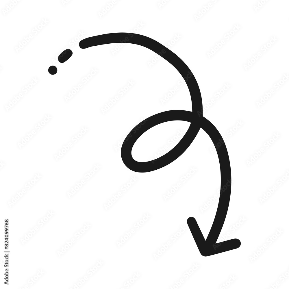 A swirling arrow isolated on a white background. Arrow symbol. A swirling arrow isolated on a white background. Arrow symbol.