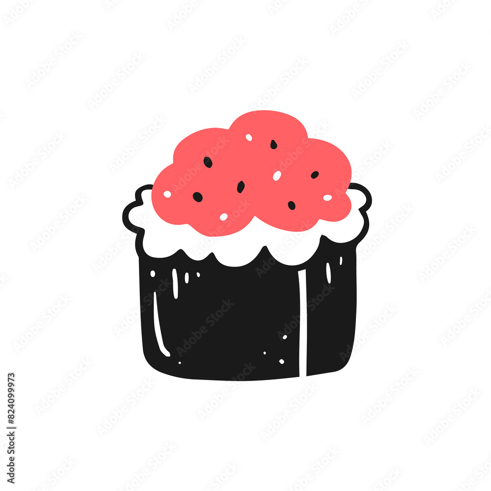 Sushi roll with red caviar in doodle style. isolated illustration of Japanese cuisine. Sushi roll with red caviar in doodle style. isolated illustration of Japanese cuisine.