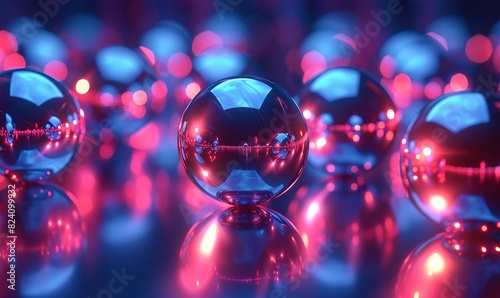 Floating mirrored circled spheres in neon light