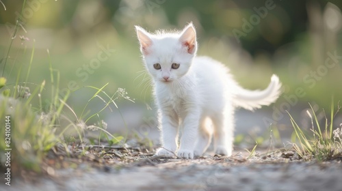 Tiny white kitten outside