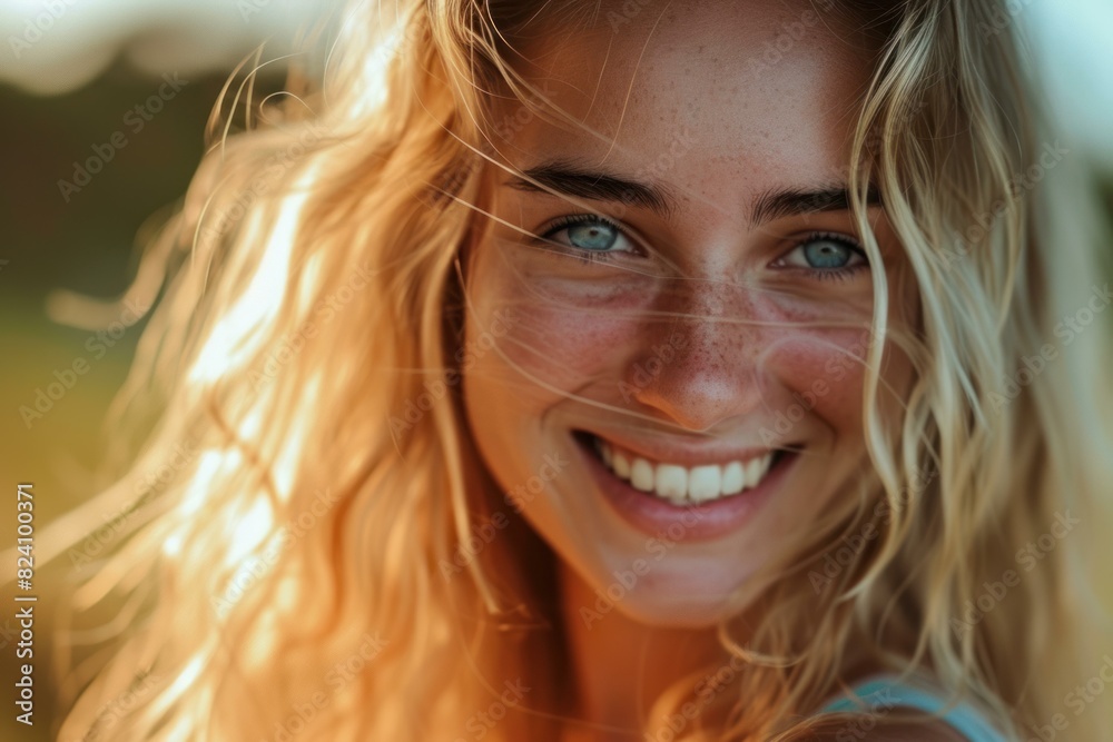 Breathtaking Beautiful smiling blonde on autumn view. Charming lady outdoor nature portrait. Generate ai Breathtaking Beautiful smiling blonde on autumn view. Charming lady outdoor nature portrait. Generate ai