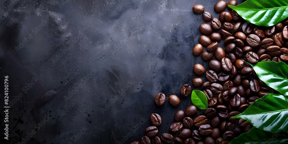 Top view of coffee beans and green leaves on vintage concrete background. Concept Coffee Beans, Green Leaves, Vintage Background, Top View, Coffee Aesthetics Top view of coffee beans and green leaves on vintage concrete background. Concept Coffee Beans, Green Leaves, Vintage Background, Top View, Coffee Aesthetics