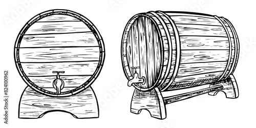 Vector wooden barrel. Hand drawn vintage illustration in engraved style. Alcohol, wine, beer or whiskey old wood keg. Great for pub or restaurant menu, label, poster, logo.