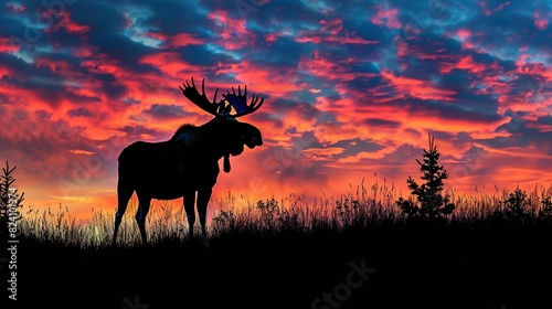 A moose stands against the backdrop of a colorful sky its silhouette expressing its strong and powerful nature