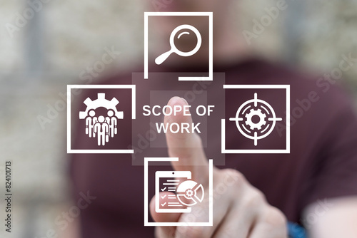 Obraz na płótnie Man working on virtual touch screen presses inscription: SCOPE OF WORK. Scope of Work Business Finance Internet Technology concept. w salonie