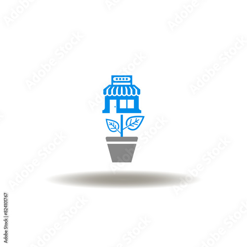 Vector illustration of pot with grow store. Icon of franchise. Symbol of franchising.