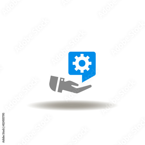 Vector illustration of hand hold speech bubble with cogwheel. Icon of customize. Symbol of facilitation service.