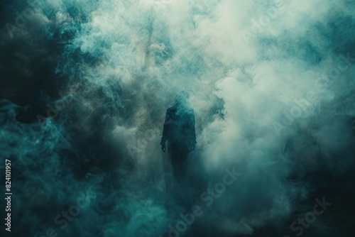 A mysterious figure bathed in smoke steps into the frame accompanied by a haunting synthesizer track that intensifies the surreal and otherworldly ambiance photo