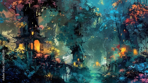 a mystical fairy colorful forest, digital fantasy landscapes, traditional chinese painting, dark cyan and blue, villagecore, wood photo