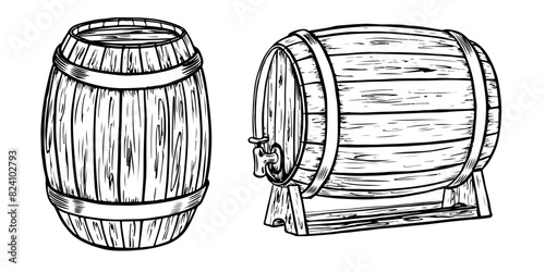 Vector wooden barrel. Hand drawn vintage illustration in engraved style. Alcohol, wine, beer or whiskey old wood keg. Great for pub or restaurant menu, label, poster, logo.