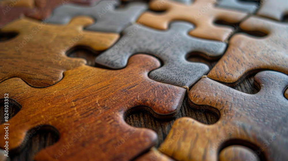 Macro shot of tightly interlocking wooden jigsaw puzzle pieces, highlighting the detailed wood grain and craftsmanship. Macro shot of tightly interlocking wooden jigsaw puzzle pieces, highlighting the detailed wood grain and craftsmanship.