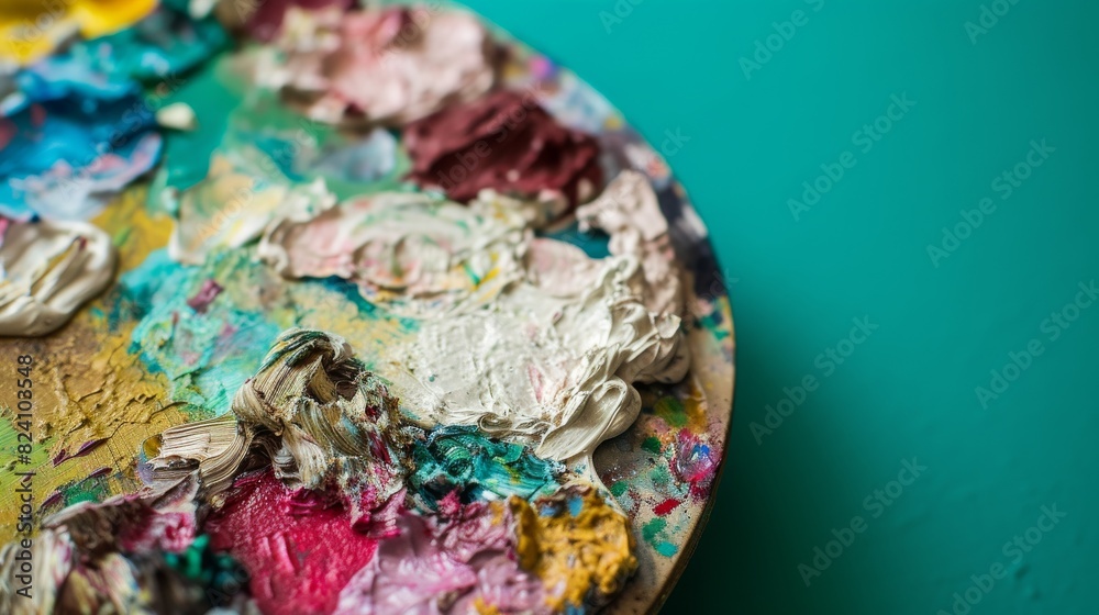 A close-up of an edible creation that resembles a piece of abstract art, complete with vibrant colors and textures, placed on an actual painterâ€™s palette. green background --ar 16:9 --quality 0