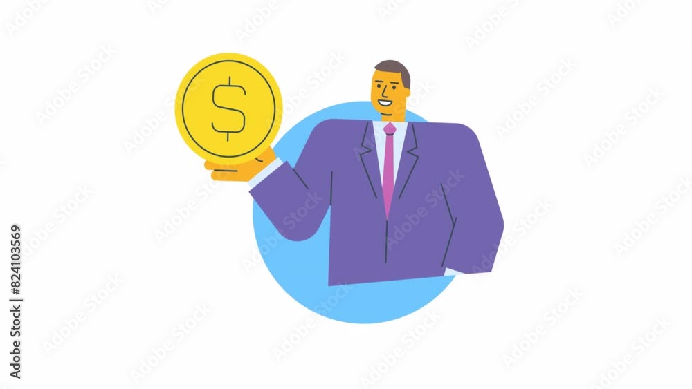 Icon businessman holding gold coin with dollar sign and smiles. Alpha channel Icon businessman holding gold coin with dollar sign and smiles. Alpha channel