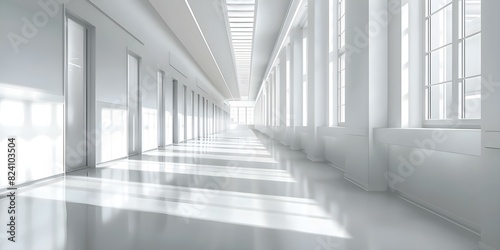 Bright empty hospital hallway with white walls and windows. Concept Hospital Architecture  Medical Facilities  Interior Design  Glass Windows  Healthcare Settings