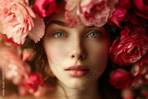 Close-up of a woman with captivating eyes surrounded by vibrant roses