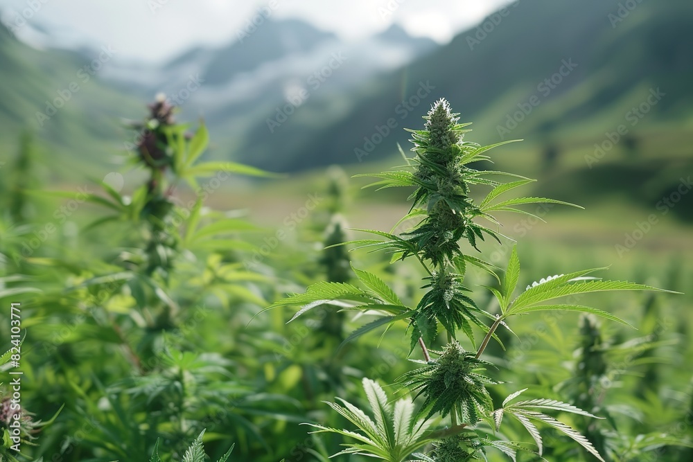 Cannabis or marijuana outdoors plantation growing on the mountains. Wide angle Cannabis or marijuana outdoors plantation growing on the mountains. Wide angle