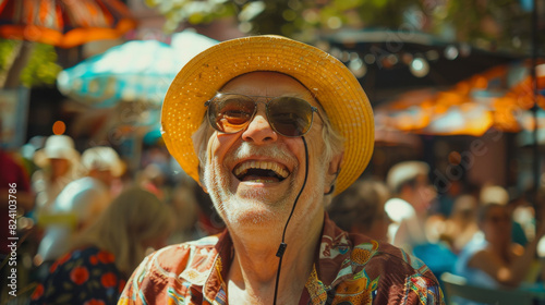 Joyful senior man with sunglasses and a straw hat laughing heartily in a sunny market setting.