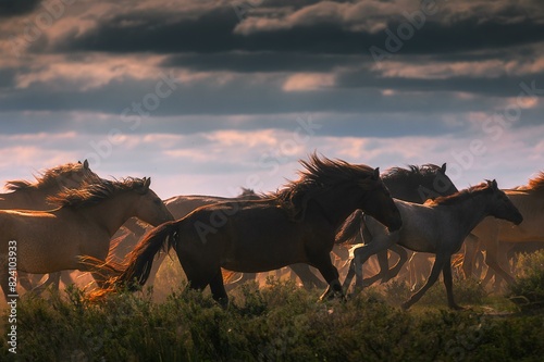 Herd of horses in the mongolian steppe, Dornod province, Mongolia, Asia photo