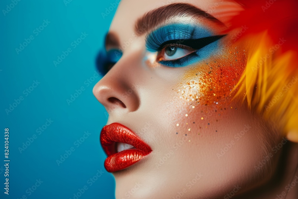 Close-up studio shot of a modern female model with bold and vibrant fantasy makeup featuring colorful blue eyeshadow and red lips