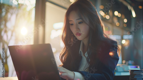 Asian female office worker is sitting at her desk, looking down and typing on the laptop screen