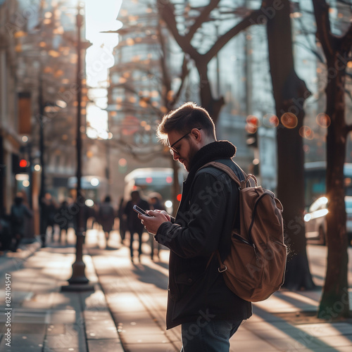 Man standing on the sidewalk in an urban setting, looking at his phone with one hand and carrying a backpack over his shoulder