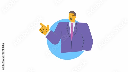 Icon businessman points finger and smiles. Alpha channel