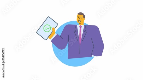 Icon businessman holding tablet with check mark icon and smiles. Alpha channel