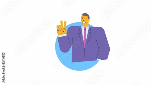 Icon businessman shows two fingers gesture and smiles. Alpha channel