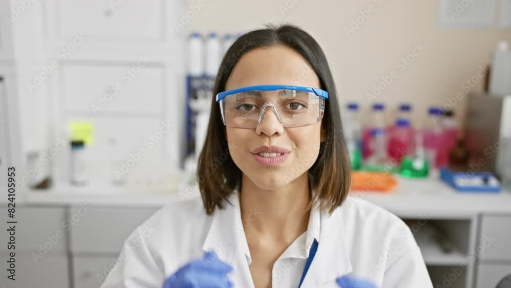 A young hispanic woman scientist in a lab adjusts protective goggles, representing professionalism and safety. A young hispanic woman scientist in a lab adjusts protective goggles, representing professionalism and safety.