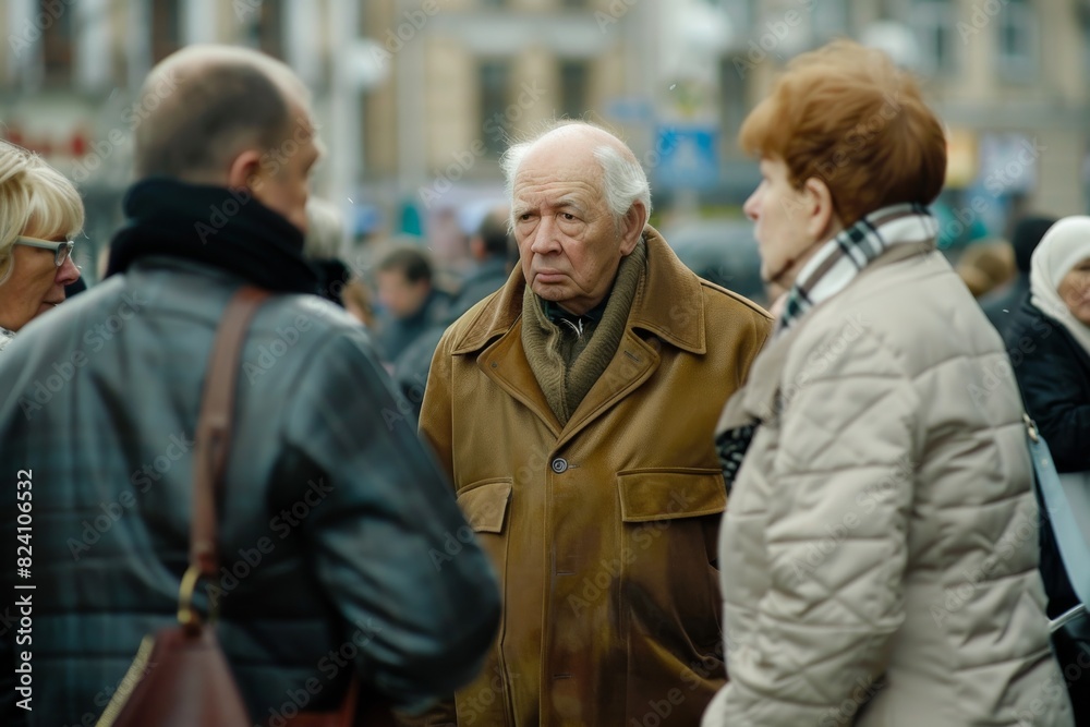 An elderly man in a brown coat on the street. An elderly man in a brown coat on the street.