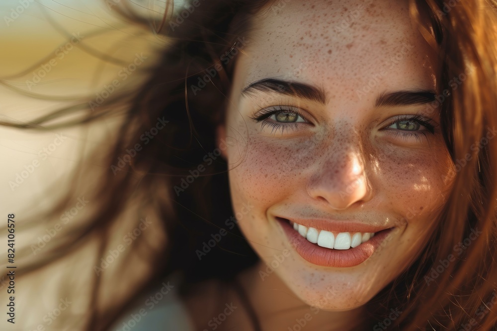 Close-up of a young woman with freckles smiling outdoors with sunlit hair Close-up of a young woman with freckles smiling outdoors with sunlit hair