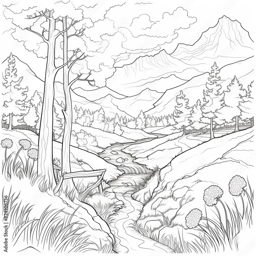 Printable Anime Scenery Coloring Page for Kids and Adults - Fun and Relaxing Artistic Activity