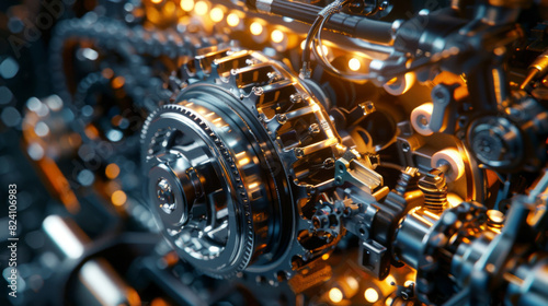 Close-up of intricate car engine gears and mechanical components in a workshop.