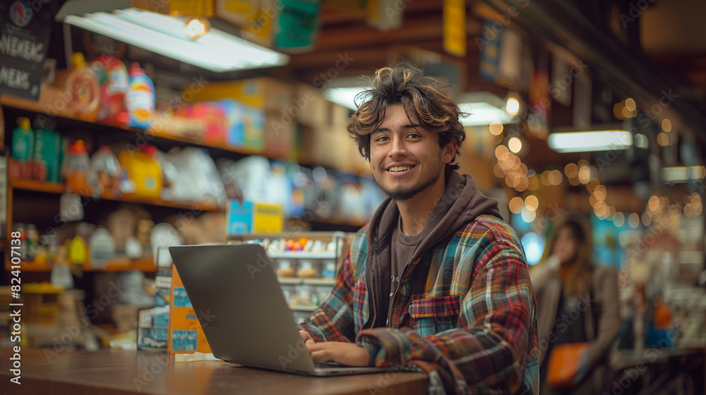 Fototapeta premium Young latino man working at the cash register of a store, using a laptop 