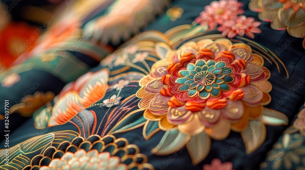 Describe the detailed patterns and colors of a Geisha s kimono, highlighting the craftsmanship and cultural significance, Close up Describe the detailed patterns and colors of a Geisha s kimono, highlighting the craftsmanship and cultural significance, Close up