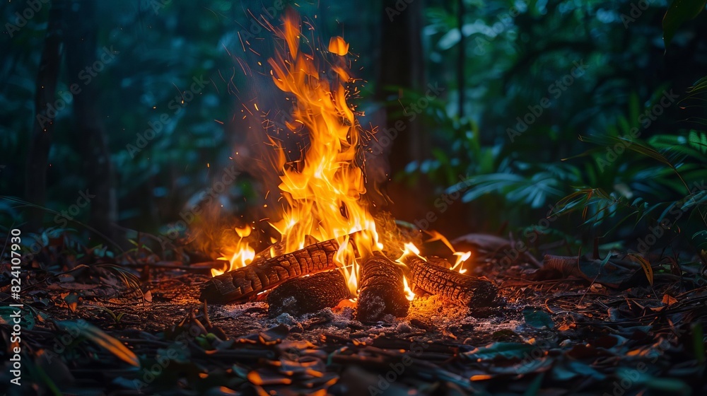 Describe the process of early humans learning to control fire, creating a campfire in a clearing surrounded by dense forest, Close up Describe the process of early humans learning to control fire, creating a campfire in a clearing surrounded by dense forest, Close up